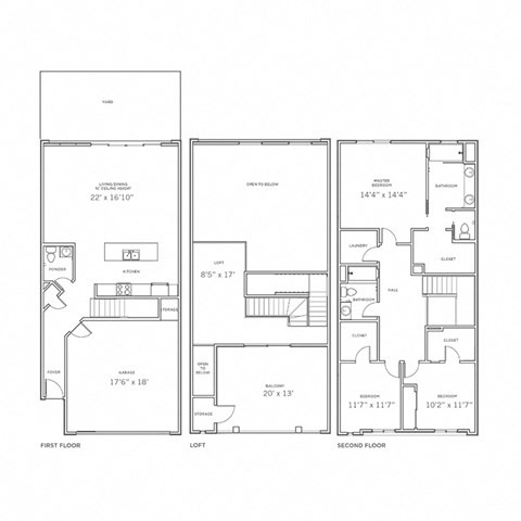 three floor plans of three different layouts of a house at Novella Biltmore, Phoenix, AZ, 85016